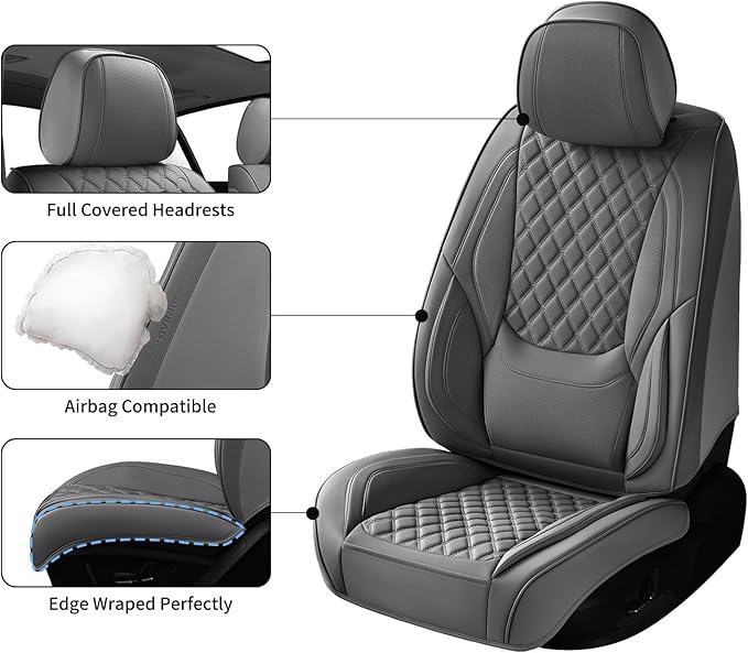 Car Seat Covers Full Set Grey, Luxury Faux Leather Car Seat Covers Waterproof Non-Slip Seat Protector Universal Fit for Most Cars SUVs Trucks Pick-ups,Car Accessories for Front Seats and Back