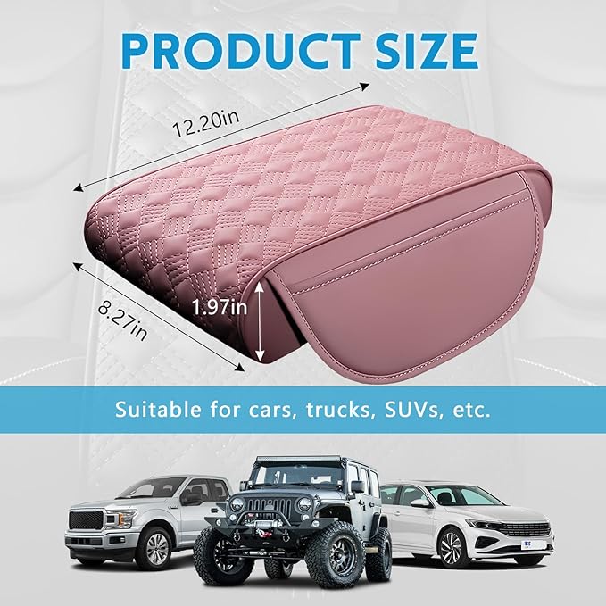 wuyaoyao Car Center Console Cover, 12.2"×8.27"×1.97" Leather Center Console Protector, Auto Armrest Pad with 2 Storage Pocket, Universal Armrest Cover Cushion for Most Cars, Trucks, SUVs (Pink)