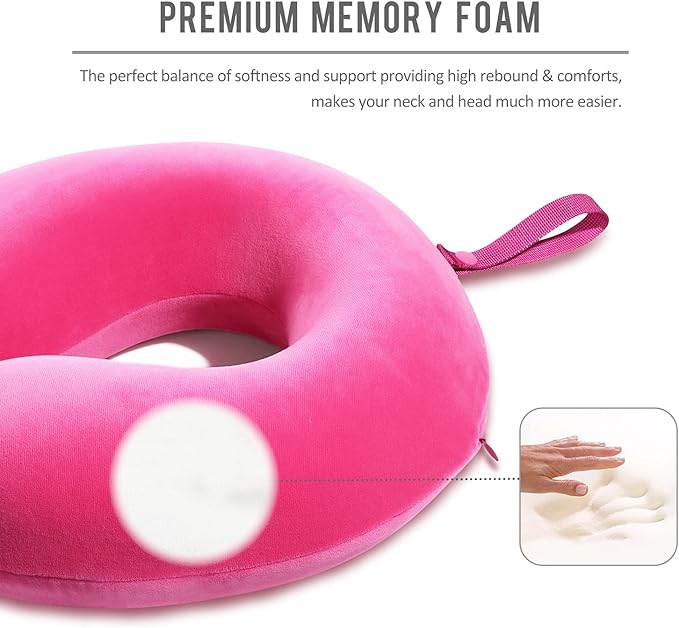Memory Foam Neck Pillows for Travel - Travel Neck Pillows for Airplanes with Attachable Snap Strap Soft Washable Cover, Flight Neck Pillows Provide Neck Rest for Traveling, Car, Home, Office, Pink