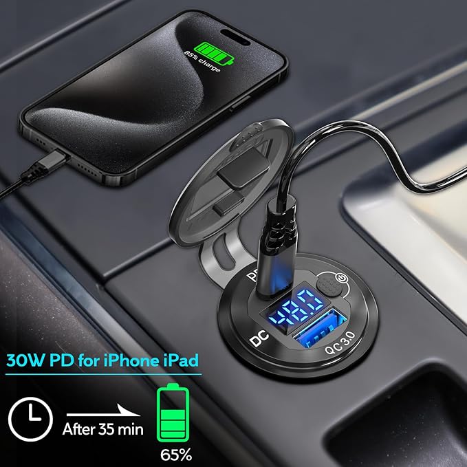 2 Pack High Voltage USB Outlet 12V 24V 36V 48V 60V Aluminum Car Charger Socket, PD 30W USB C and QC 36W Car USB Port Waterproof Cigarette Lighter Power Adapter DIY Kit with Switch for Ship Truck, etc.