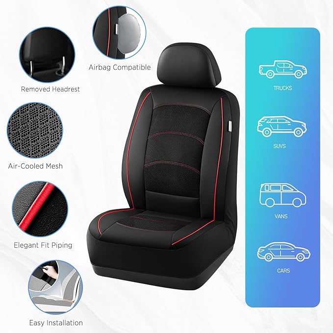Road Comforts Car Seat Covers, Leather Front Seat Covers with Piping, Air-Cool Mesh Designed, Airbag Compatible Automotive Seat Covers for Most Car, Truck, Van, SUV - Black with Red Piping