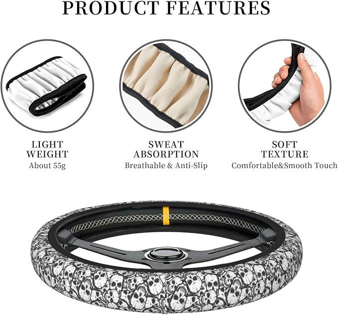 Black And White Skull Auto Car Steering Wheel Cover Universal 15 Inch Neoprene Interior Decor Protection Accessories