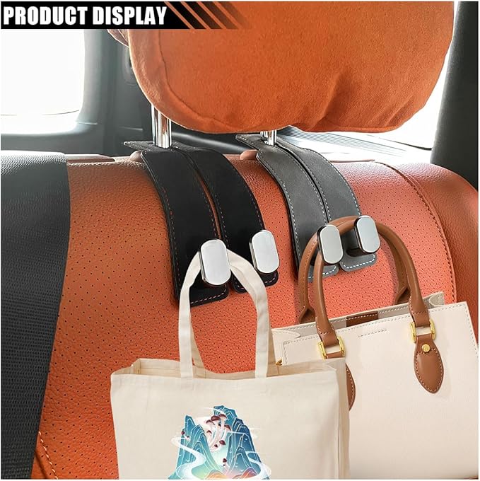 Car Seat Back Double Hooks for Headrest, Leather Car Back Seat Hooks for Purse and Bags, Upgraded 2 in 1 Purse Hook for Car Seat, Universal Vehicle Headrest Hangers for Car, Home (Black, 2PCS)