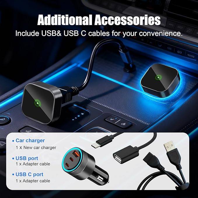 2-in-1 Mini Wireless CarPlay Adapter for Apple iPhone & Android Auto Adapter,2025 Upgrade Wired to Wireless,Plug & Play, Fast Stable Connection Car Play for iOS 10+/Android 11+,USB-A/Type-C Cable