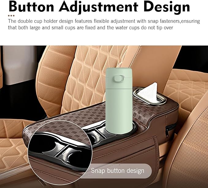 Car Center Console Leather Armrest Increase Cushion, MultiFunctional Armrest Box Pad with Dual Cup Holder, Tissue Box, Side Card Holder, Universal for Most Cars, SUVs, Trucks (Coffee)