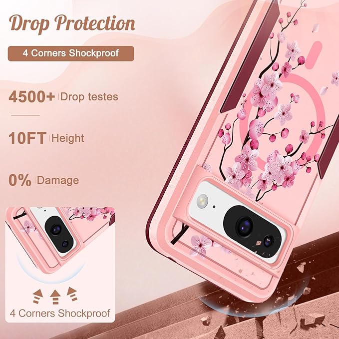 for Google Pixel 8 Case 6.2 Inch - Compatible with MagSafe Women Girls Cute Magnetic Protective Cover Girly Kawaii Flower Blossom Heavy Duty Shockproof Design for Google Pixel 8 Phone Cases