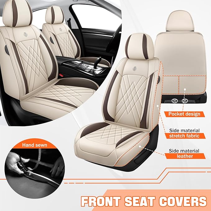 Car Seat Covers Compatible with Toyota Camry 2012-2026 Durable Waterproof Automotive Seat Covers Stretchable Fabric Material, Airbag Compatibility, Premium Nappa Leather(Beige Brown, 2 Pcs Front)