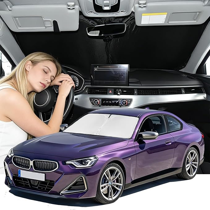 Windshield Sunshade for BMW 2-Series 2017-2021 Sun Shade Car Windshield Accessories Upgrade 4 Layers Blocks UV Rays Custom Fit 2-Series 240T Car Window Shades Front Windshield Keep Cool Foldable