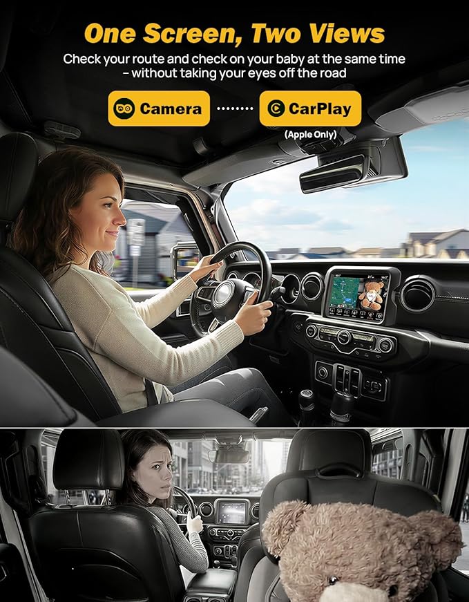 JOYTUTUS Baby Car Camera with Wireless CarPlay Adapter, 1080P HD Rear Seat Monitor Display on Car Screen, Baby Car Monitor for Kids 150°Wide, Rear Facing Monitor Essentials Shower Gifts for Pets