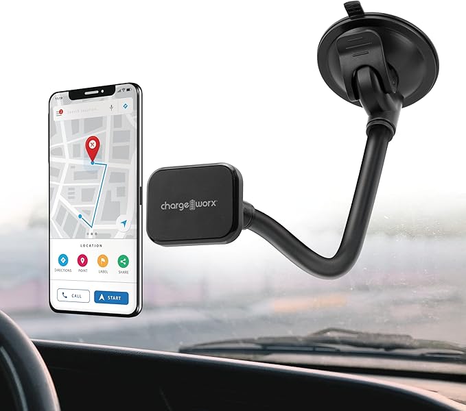 CHARGEWORX Magnetic Phone Stand Mount for Car Windshield – 14-Inch Flexible Gooseneck Holder with Strong Suction Cup & 360° Rotation, Magsafe iPhone & Android Compatible Car Holder Accessory