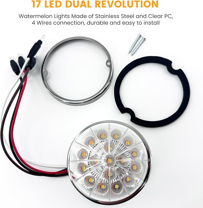 2PCS 17-LED Dual Revolution Watermelon Lights, Red Turn Signal & White Auxiliary with Clear Lens & Stainless Steel Bezel for Freightliner, Peterbilt, Heavy Trucks & Trailers