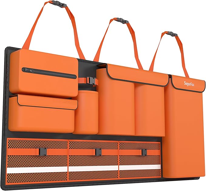 SugarFox Backseat Hanging Trunk Organizer for SUVs, Cars, Trucks & MPVs | Multi-Pocket Storage with Anti-Slip Straps | Space-Saving Auto Accessory for Men & Women | Orange, 37.8" x 18.1" - K230