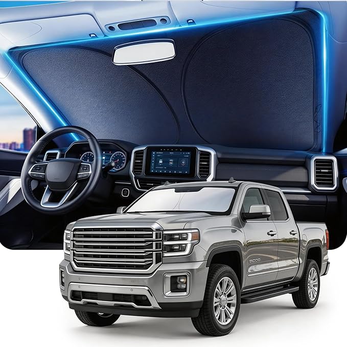 DMJN Windshield Sun Shade for GMC Sierra 1500 2500 3500 (2014-2026), Car Sunshade for Front Windshield [100% Efficient Block UV & Scorching Sun] UPF50+ Heat Block - Protect Interior & Keep Cooler