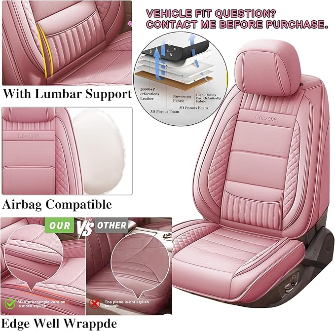 Chezope Car Seat Covers Full Set, Pink Leather Seat Covers, Breathable Front and Back Car Seat Protectors, Wear-Resistant Seat Covers Universal Fit for Most Cars SUV Truck (Pink-Stripes-A, Full Set)