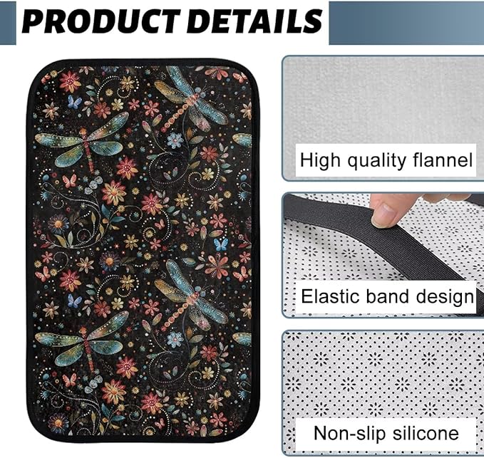 Flower Dragonfly Car Armrest Cushion Scratch Resistant Car Center Console Cushion Pad Full Coverage Armrest Cover Center Console Cushion Fit for Cars Truck SUV or Vans