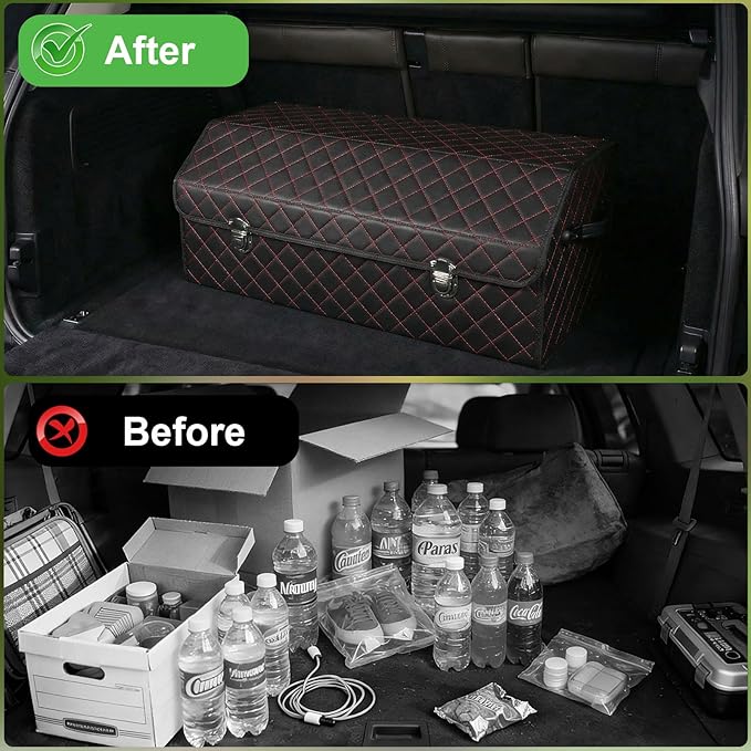 Trunk Organizer with Lid for Car Foldable Storage Box Heavy Duty PU Leather Cargo Organizer for SUV Sedan Waterproof (Red, Large)