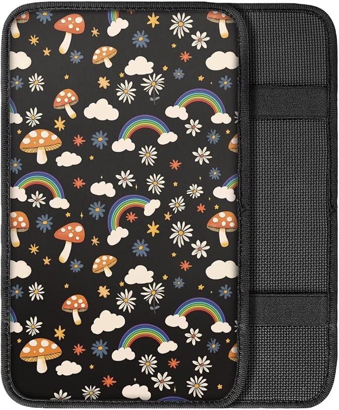 UNICEU Mushroom Rainbow Print Car Center Console Armrest Cushion Pad Auto Interior Decor Accessories Neoprene Armrest Box Protector Cover