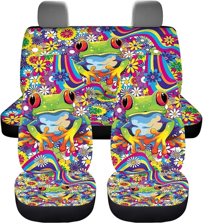KEIAHUAN Frog Hippie Flower Car Seat Cover for Women 4 Piece Stretchy Front and Back Seat Covers Auto Interior Accessories Universal Fit for SUV Sedan and Truck