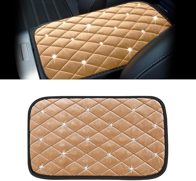 Bling Car Center Console Cover, Soft Fluffy Armrest Seat Box Cushion Pad, Crystal Diamond Arm Rest Protection Mat, Automotive Interior Decoration Accessories for Most Vehicles (Beige)