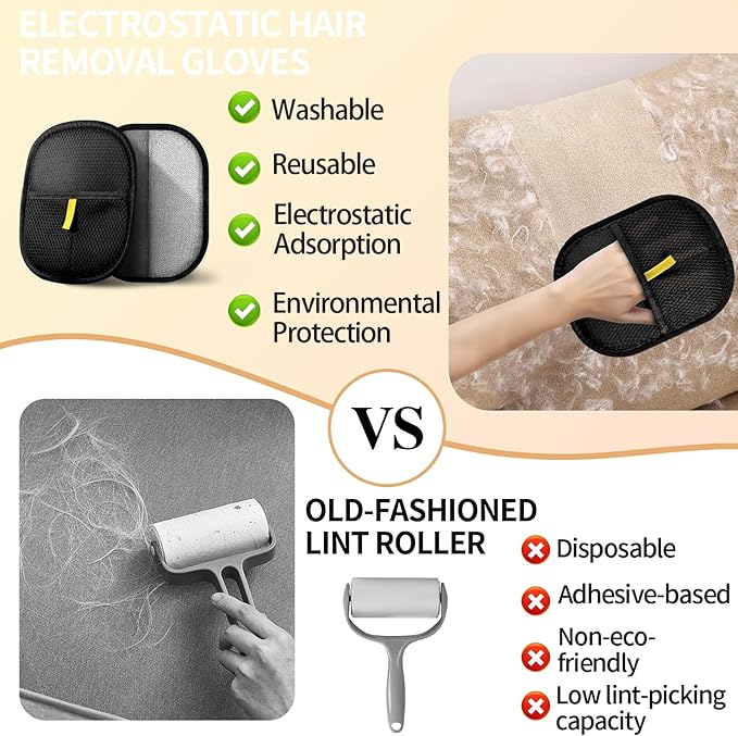 Kivori Pet Grooming Gloves, for Dogs and Cats Hair Removal Reusable Cleaning Brush Electrostatic Fur Mitts for Furniture Bedding Sofa (2PCS)