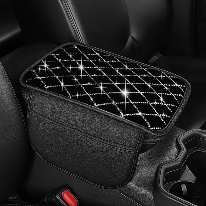 Bling Center Console Cover with 2 Side Pockets Fit for Venza Multi-Functional Car Armrest Cushion Diamond-Studded Rhombus Pattern Style(Black&Silver Diamond)