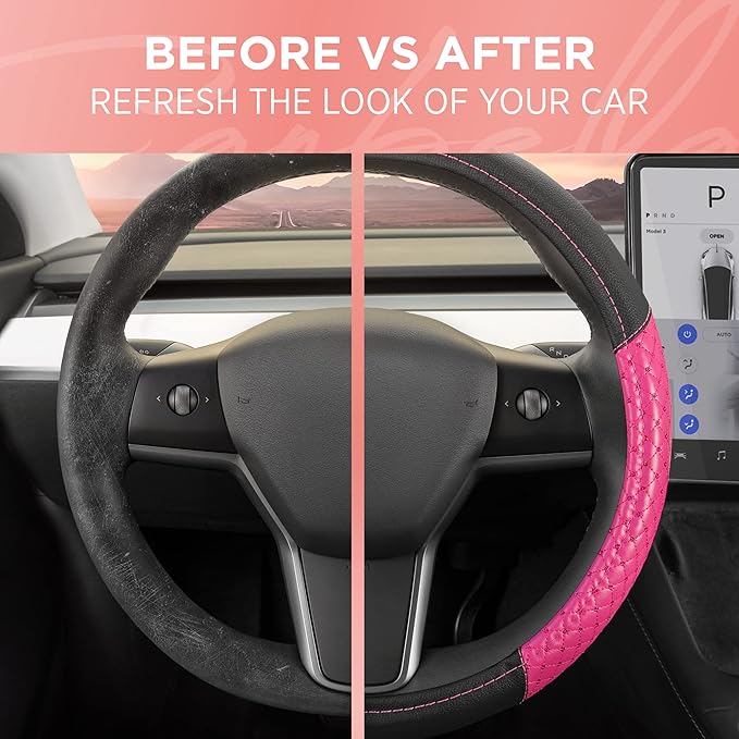 Pink Sequin Bling Steering Wheel Cover, Standard 15 Inch Size Fits Most Vehicles, Cute Faux Leather Car Steering Cover with Diamond Rhinestone Glitter Like Detail, Car Accessories for Women