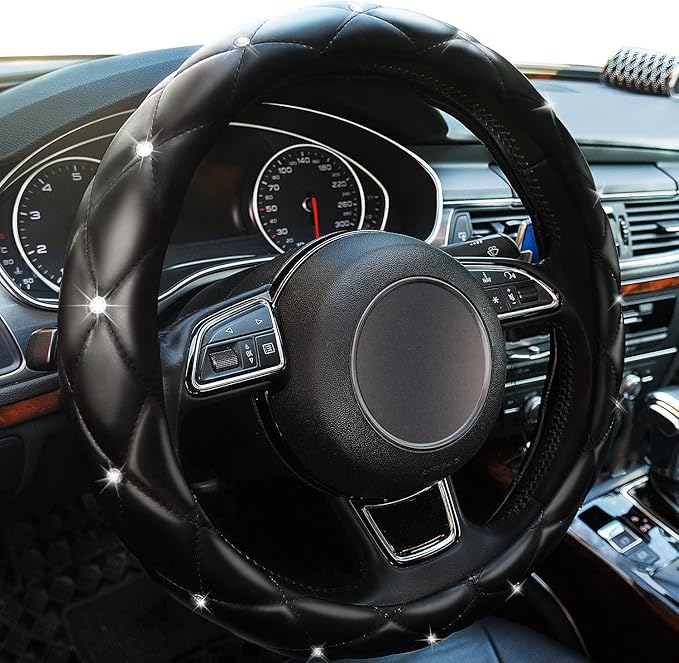 Xizopucy Diamond Leather Bling Steering Wheel Cover, Universal Car Steering Wheel Protector with Crystal Rhinestones Anti-Slip Soft Interior Accessories for Women and Girl Fit 15 inch -Black