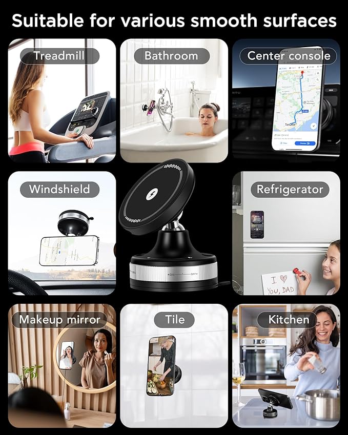 Upgraded for iPhone 17 Vacuum Magnetic Car Phone Holder,360° Adjustable Suction Cup Phone Mount, Mag-Safe car Mount 15W Wireless Charger Stand for Car, Makeup/Gym/Mirror, iPhone 16 15 14 13 12 Series