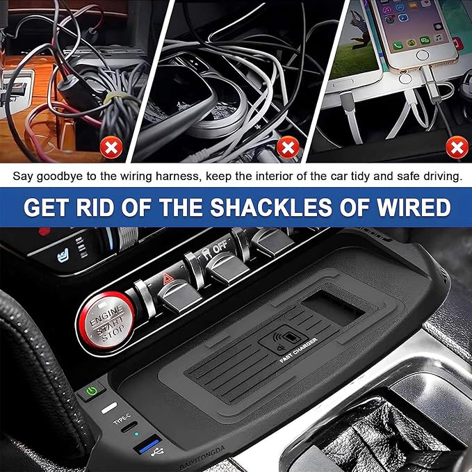 Car Wireless Charger for Ford Mustang 2015-2022, 15W Center Console Wireless Charging Tray Qi Wireless Charging Station with USB Port