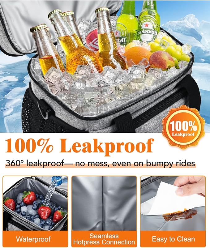 Insulated Lunch Bag for Men & Women, Double Leakproof Lunch Box Soft Cooler Tote with 5 Pockets, 600D Oxford, EVA Lining, Adjustable Strap for Work, Picnic, Beach&Travel-Grey