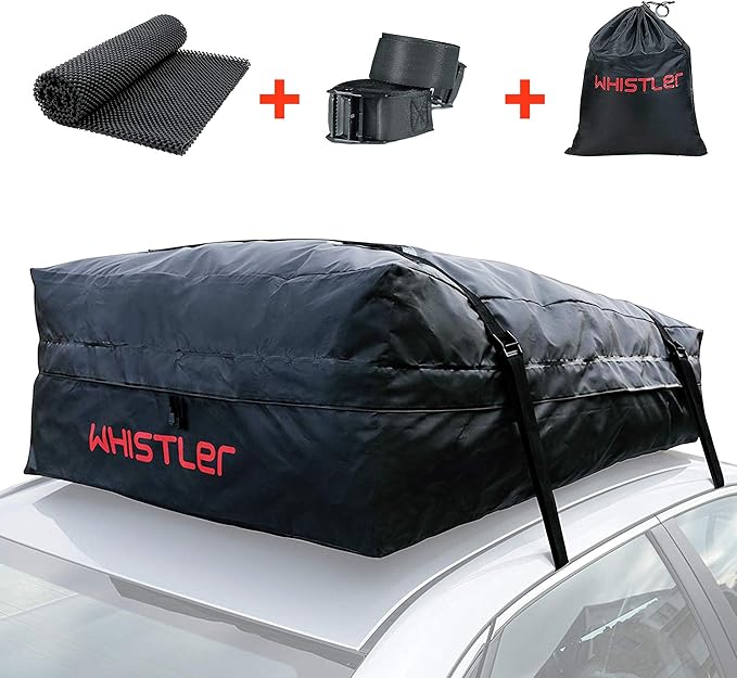 Car Roof Bag Bundle- 100% Waterproof Roof Top Cargo Bag NO Rack Needed + Non Slip Roof Mat & Storage Bag, for Any Car Van or SUV (15 Cubic Feet)