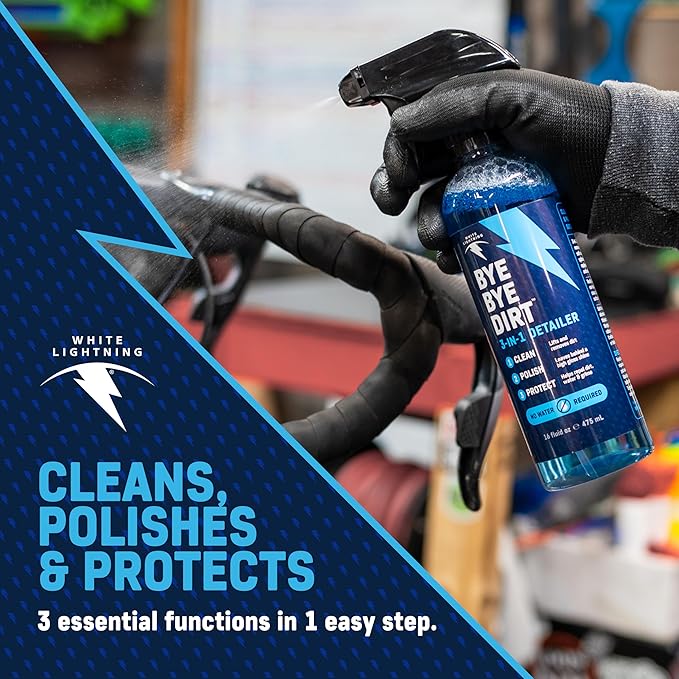 White Lightning Dry Weather Bike Care Kit – Complete Bicycle Cleaning Kit with Clean Ride Wax Chain Lube, Clean Streak Degreaser, and Bye Bye Dirt Bike Detailer for Dry Conditions