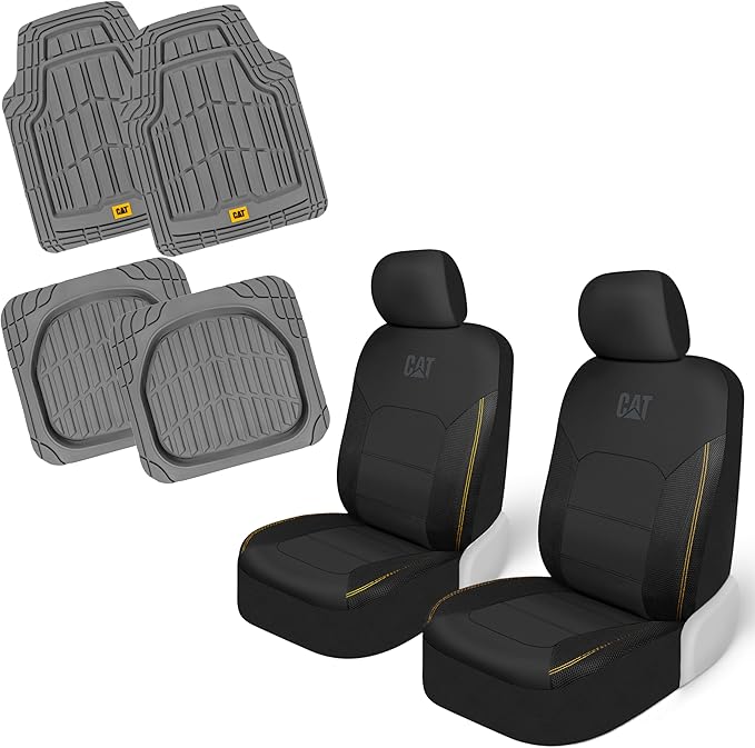 CAT PU Leather Seat Covers for Cars – (2) Front Seat Covers with (4) All-Weather Heavy-Duty Floor Mats for Trucks, Cars, & SUVs Combo Set – Car Interior Protection Liners for Car Seats and Floors
