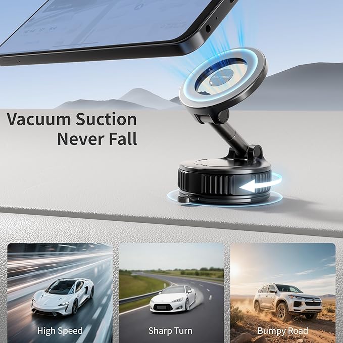 2026 Upgraded Magnetic Car Phone Holder for Magsafe, 100+LBS Ultra Strong Vacuum Suction & 3000gf Magnetic, 360° Adjustable Phone Holders for Your Car for iPhone 17 Pro Max 16 15 14 13 12 Air Plus
