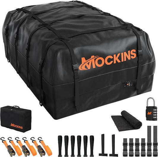 Mockins 35 Cu Ft Black Rooftop Cargo Carrier Bag | 60"x42"x24" Roof Bag Cargo Carrier for Top of Vehicle | Vehicle Soft-Shell Carriers for Car Roof Storage w/Accessories | Use with or w/o Roof Rack