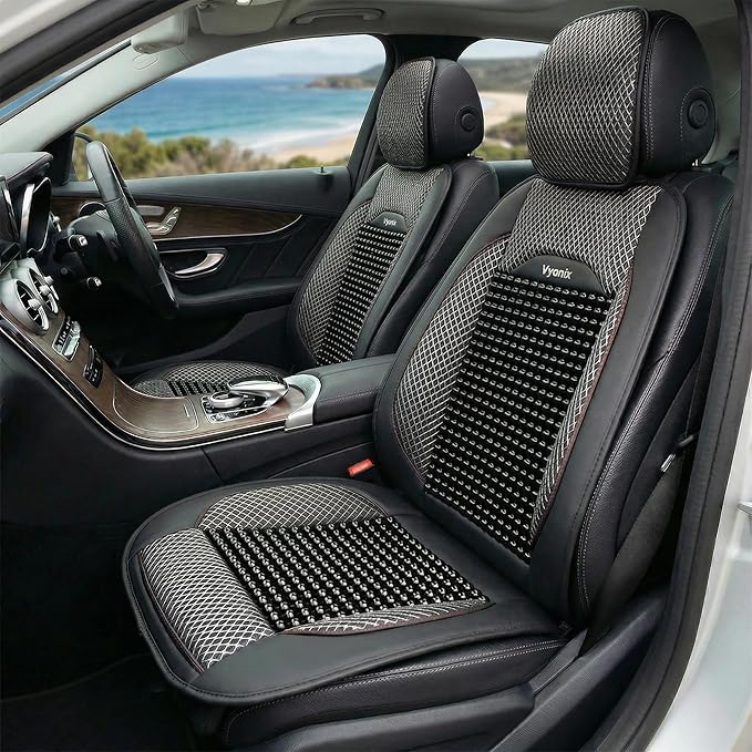 Beaded Car Seat Cover – Wooden Bead Massage Support with Breathable Cooling Mesh – Universal Fit for Sedan, SUV & Truck (2 Pack, Royal Black)