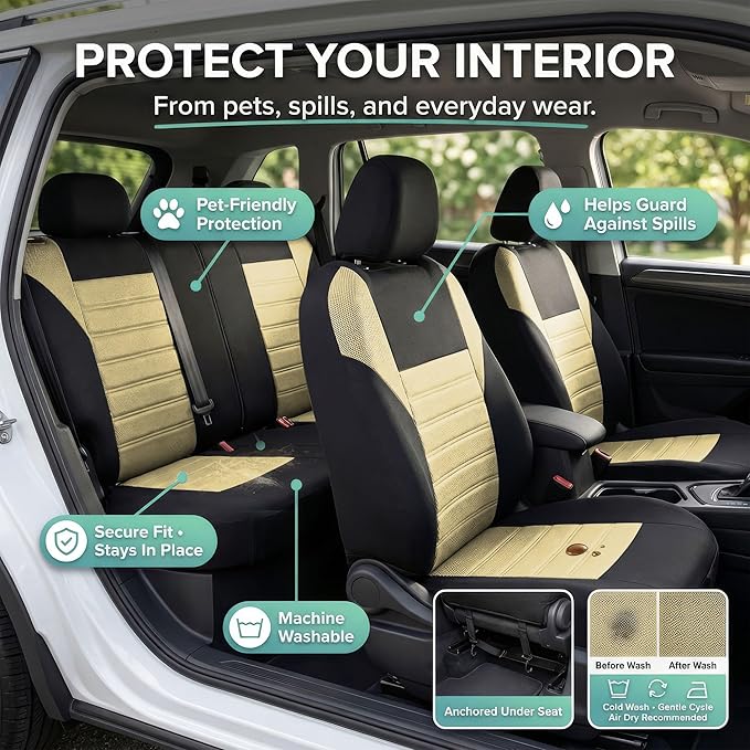 FH Group Automotive Car Seat Covers Full Set Premium 3D Air Mesh Front Seat Covers, Airbag Compatible & Split Bench Cover Universal Fit Interior Accessories for Cars Trucks and SUVs - Beige
