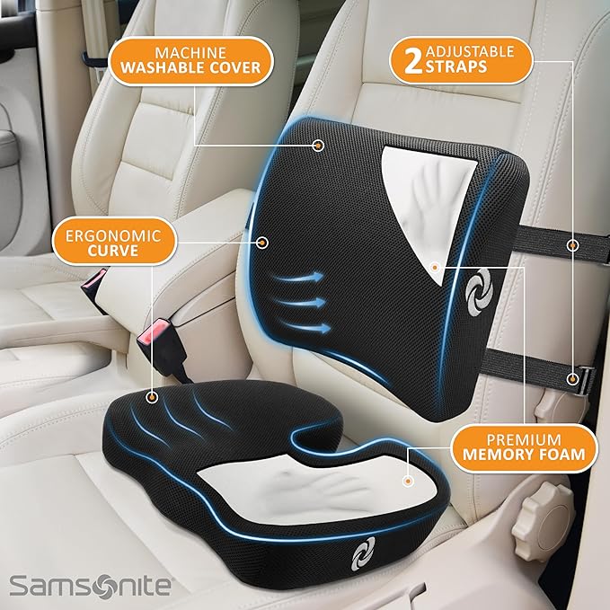 Samsonite Ergonomic Seat Cushion and Lumbar Support Cushion Combo, Memory Foam Office Chair for Back Support, Car Seat and Wheelchair Ergonomic Pillow, Premium Home and Office Desk Accessories