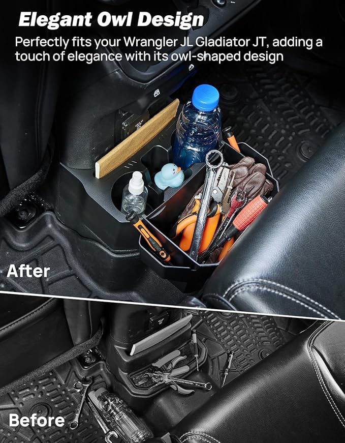 JOYTUTUS Backseat Cup Holder Storage Box Tray Organizer with Removable Trash Bin for Wrangler JL Gladiator JT, 2 Large Cup Holders Phone Storage, Floor Console Mounted Easy No-Drill Installation