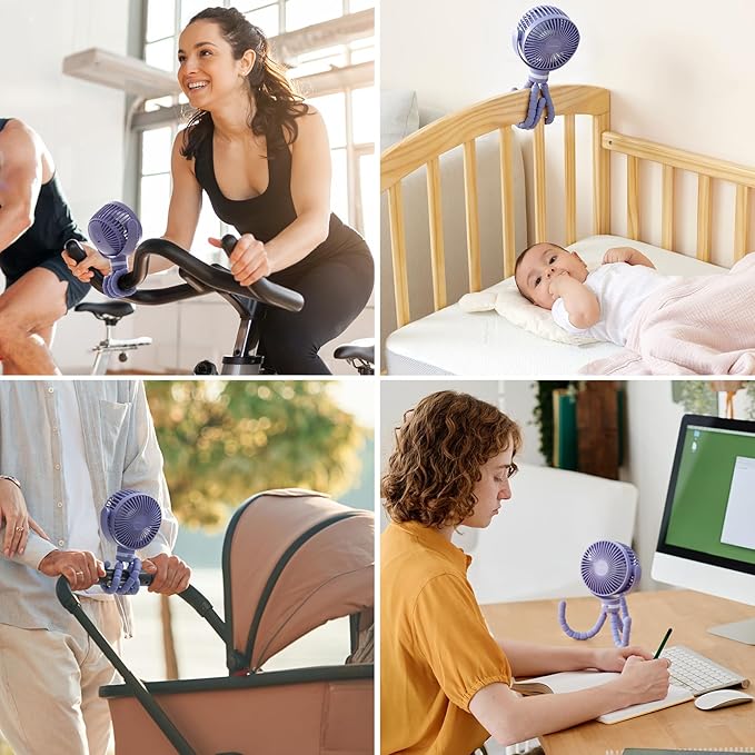 Momcozy 8000mAh Portable Stroller Fan, 27H Ultra-long Battery Life Detachable 4 Speed 360°Rotate LED Night Light with 2 Modes, USB Rechargeable Handheld Cooling Fan for Travel/Car Seat/Bedroom