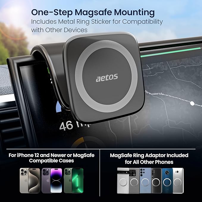 aetos for iPhone MagSafe Car Mount Magnetic Phone Holder with Adhesive Suction Base, Fits iPhone 17/16/15/14 Pro/Plus/Max and Android Phones with Ring Adaptor, Ideal for Dashboard and Windshield