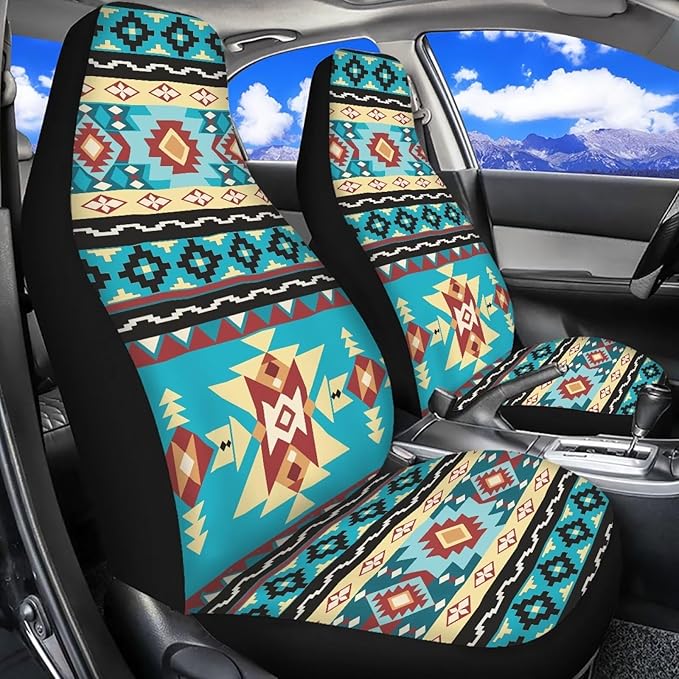 ELEQIN Car Seat Covers, Seat Cover Front Car Seat Cushion, Blue Aztec Geometric Front Auto Protector Universal Fit Most Cars, Automotive Interior Accessory