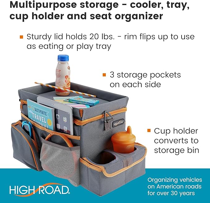 High Road CarHop Car Seat Organizer for Kids and Adults with Cup Holder Tray, Side Pockets and Cooler Compartment (Medium, Gray)