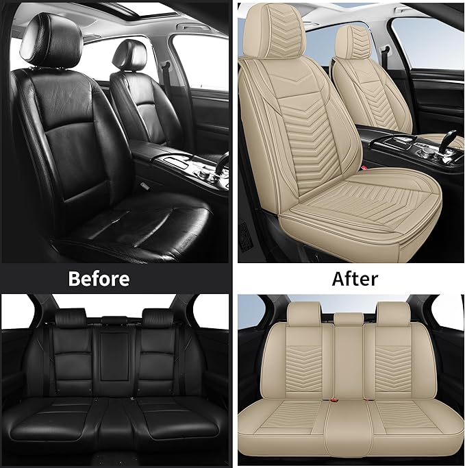 Nappa Leather Car Seat Covers Full Set, Beige Car seat Protector 5 Seats, Waterproof Car Seat Cushion, Universal Automotive Seat Covers Fit for SUV Truck Pick-up Sedan, Front and Rear