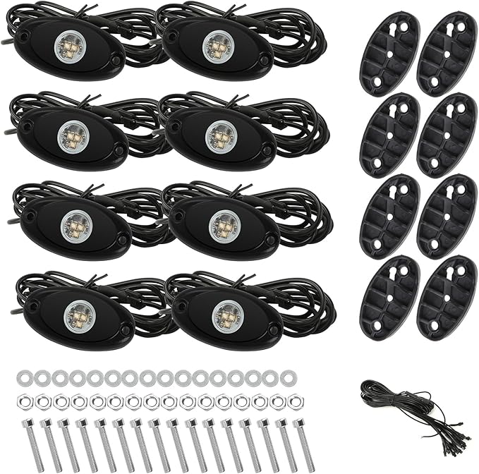 SUNPIE 8 Pods Quick Connect Blue Rock Lights, 4M Extension Wires Each Light, 3 High Power Chips, Rubber Mounting Pads, IP67 Waterproof Rock Lights Fits for Trucks Trailer Cars SUV ATV UTV Boats