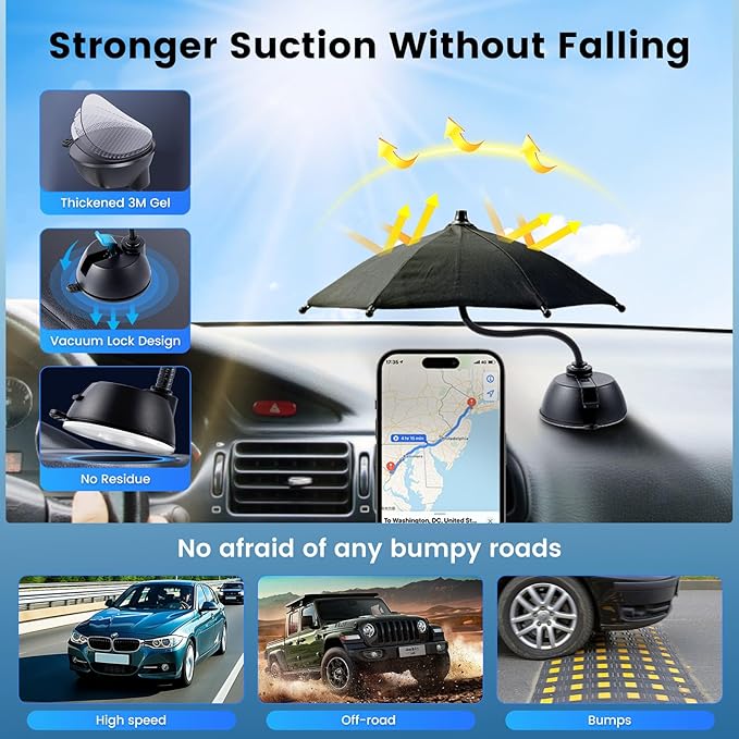 OUTXE Car Phone Umbrella for Sun, Suction Cup Phone Umbrella for iPhone/Android, 360°Adjustable Cellphone Sun Shade for Car Dashboard, Vent