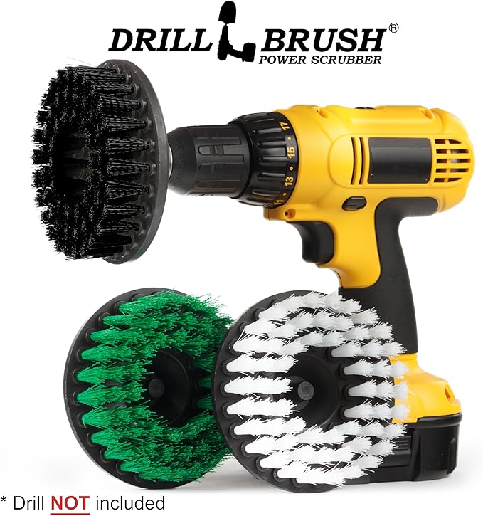Drillbrush 3 Brush Kit - Drill Brush Cleaning Supplies - White Soft for Leather, Glass, Carpet - Green Medium for Kitchen, Bathroom, Tub, Sinks, Flooring - Black Ultra Stiff for Garage Floors, Stone