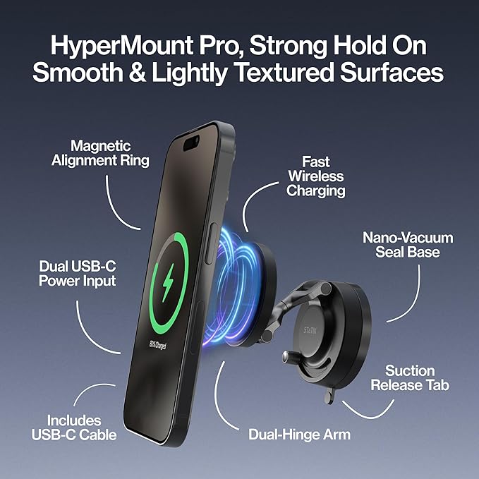 Statik HyperMount Pro Phone Mount, Magnetic Phone Holder, 15W Wireless Charging, MagSafe Car Mount, Works on Smooth & Lightly Textured Surfaces, iPhone and Android Compatible, Charging Cable Included