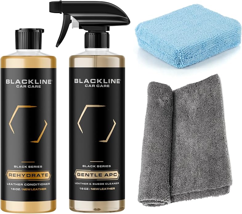Blackline Leather Cleaner and Conditioner Care Kit with Microfiber Towel and Applicator Pad, Gentle APC and Leather Rehydrate, 2 16 Fl Oz Bottles for Leather Car Interiors