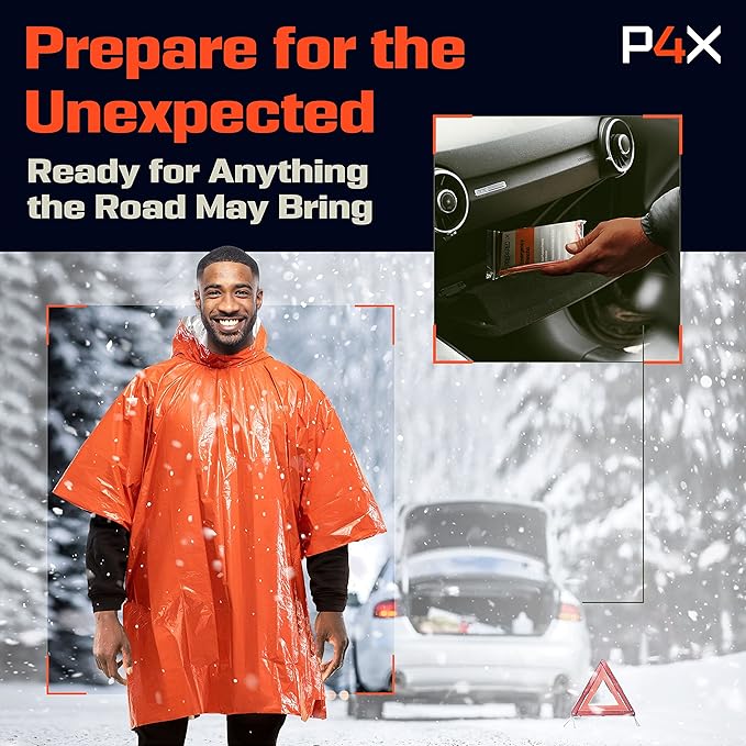 PREPARED4X Emergency Mylar Poncho – Survival Rain Poncho with Hood – Lightweight, Compact, Reusable Emergency Blanket Poncho for Hiking, Camping, Thermal Gear, Car Kit, Outdoors
